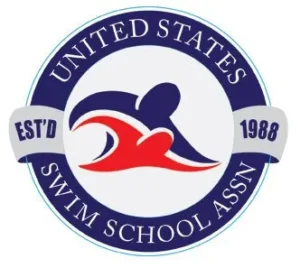 United States Swim School Association logo featuring a swimmer and waves, representing Aqua Life Swim Academy's commitment to quality swim instruction and safety.